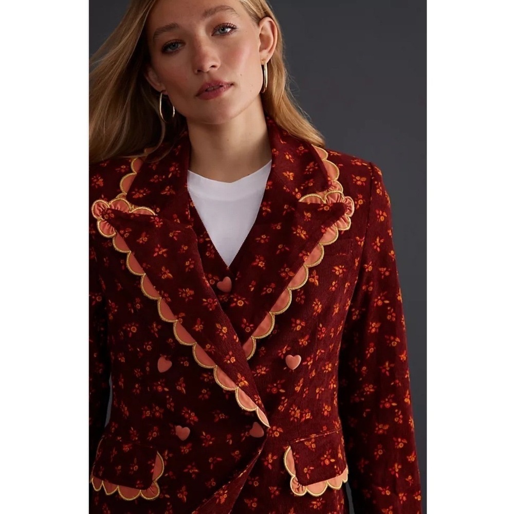 Celia B Ben Jacket Burgundy Floral Corduroy Scalloped Heart Button Blazer XL